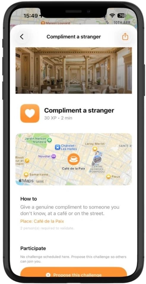 Application Daremeet sur smartphone — écran défis (2 sur 3)