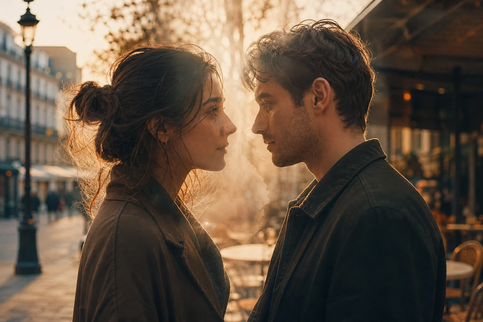 Homme et femme proches, regard partagé, lumière douce entre eux